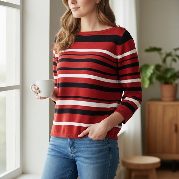 Chaps Classics Women’s M Red Black White Stripe 3/4 Sleeve Boat Neck Sweater - Picture 1 of 10